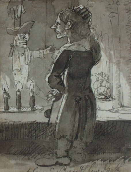 a black and white drawing of a person watching a puppet on a stage